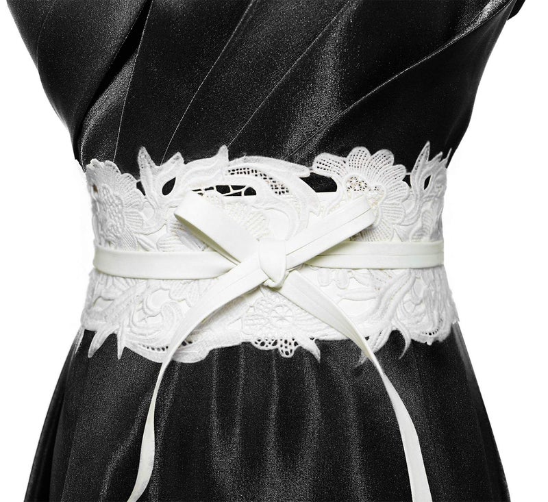 Lovful Womens Faux Leather Lace Belts Wrap Self Tie Obi Belt Wide Waist Band,White - Image 1